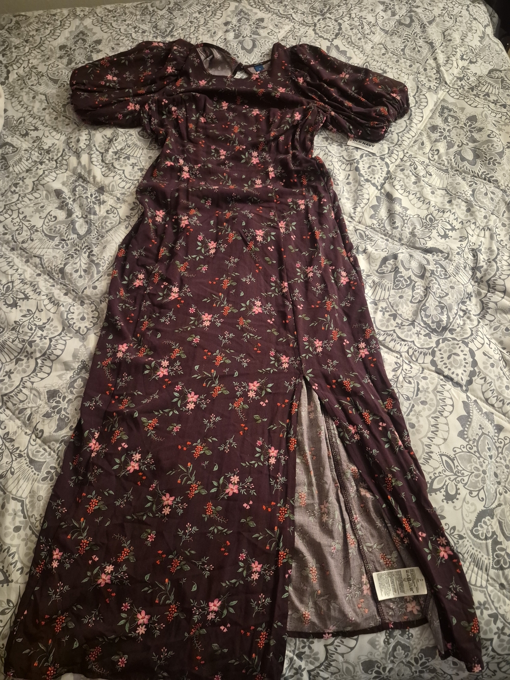 Old Navy Plum Floral Maxi Dress with Puff Sleeves